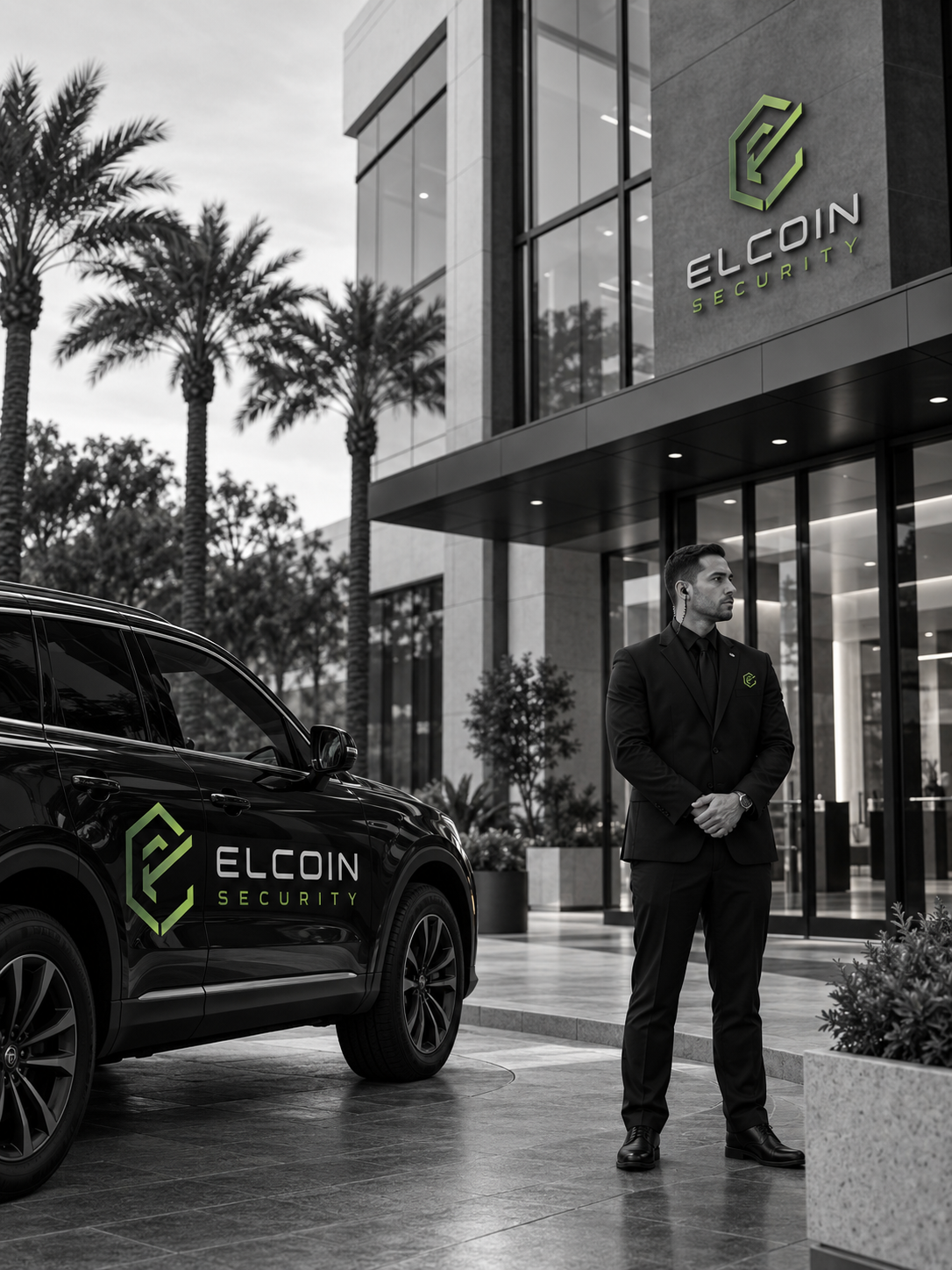 ELCOIN Security officer and branded vehicle outside office