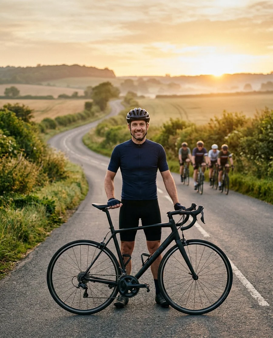 Cyclist on scenic road at sunrise
