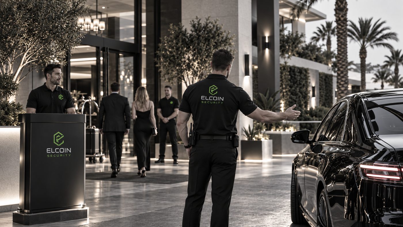ELCOIN officer directing valet arrival at a hotel entrance, evening
