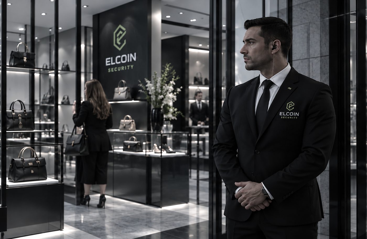ELCOIN officer providing security in a luxury retail boutique