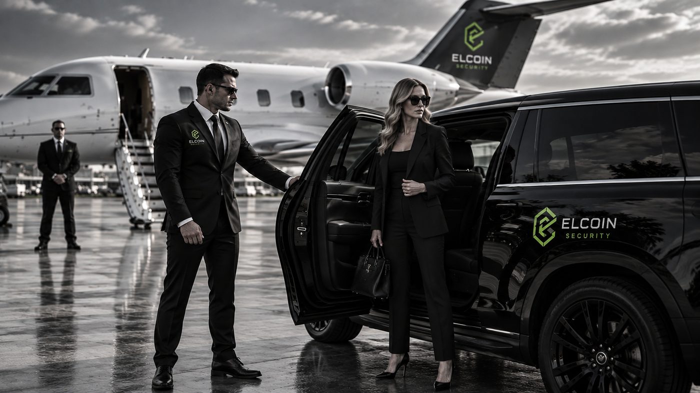 ELCOIN executive protection team assisting a client at a private jet